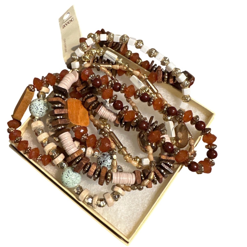 Avec Women Beaded Stretch Bracelet Set Multi Strand Boho Wood Glass Brown Gold